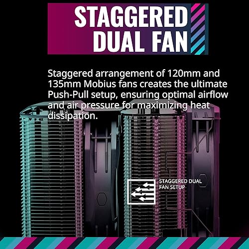 Miniatura 7 de Cooler Master MasterAir MA824 Stealth Dual Tower CPU Air Cooler, 8 Heat Pipes, Dual Mobius 120130mmFans, Nickel-Plated Copper Base, AMD Ryzen