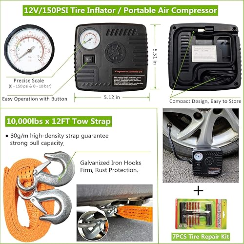 Miniatura 4 de HolaKit Kit de emergencia para automóvil de 78 piezas, kit completo de asistencia en carretera con cables de puente, compresor de aire portátil,