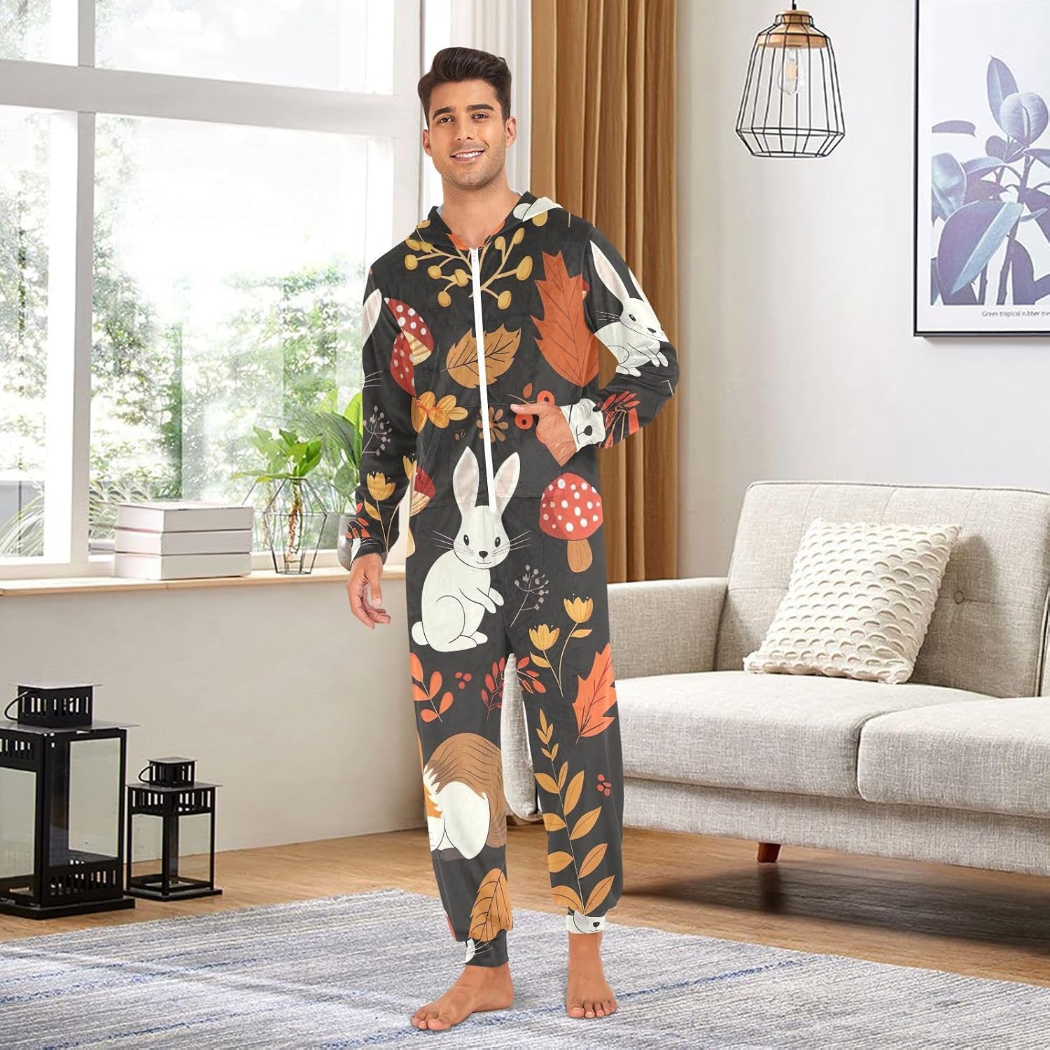 GAIREG Autumn Cute Animal Fox Rabbit Men Women One-Piece Pajama Jumpsuits, Hooded Christmas Pajama Onesie for Adults