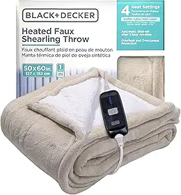 BLACK+DECKER Manta de lã sintética aquecida elétrica, 127 x 152 cm com 4 configurações de calor e desligamento automático de 3 horas, sobreaquecimento e sobrecorrente desligamento automático, creme