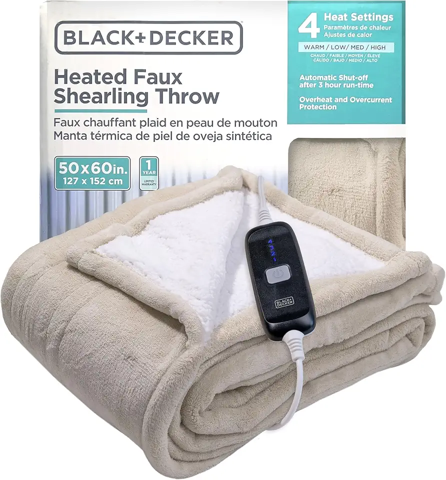 BLACK+DECKER Manta de lã sintética aquecida elétrica, 127 x 152 cm com 4 configurações de calor e desligamento automático de 3 horas, sobreaquecimento e sobrecorrente desligamento automático, creme