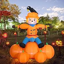 Joliyoou 5FT Fall Day Inflatable Decoration, Lighted Air Blown Scarecrow Sitting on Pumpkins with Crow Standing On, Built-in LED Lights for Halloween Thanksgiving Harvest Indoor Outdoor Decor