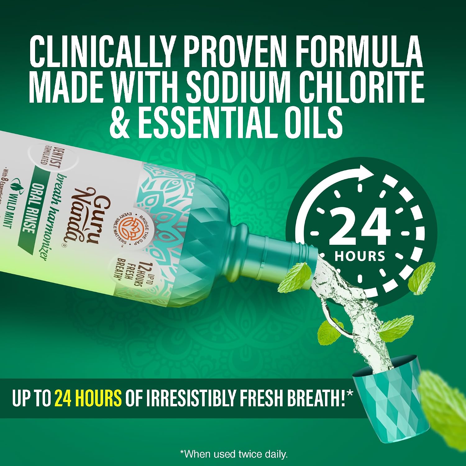 GuruNanda Fresh Breath Mouthwash – 12-Hour Fresh Breath & Helps Fight Bad Breath – ADA Accepted, Alcohol & Fluoride-Free Oral Rinse – Wild Mint, 33.8 oz/1 Liter (Pack of 2)