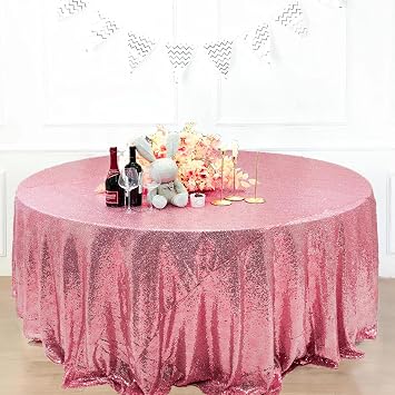 Rose Pink Sequin Tablecloth, 132 inches, Round | Glitter Table Cover for Wedding holiday Halloween Christmas Party Events