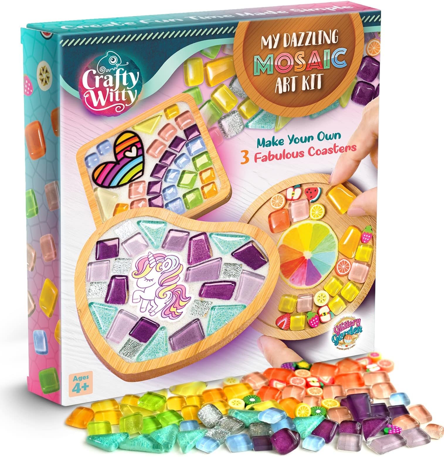 Glittery Garden Mosaic Craft Kit - Decorate Your Own Coaster with Glass Tiles. Birthday Gift, Fun DIY Art and Craft Supplies. Girls, Kids & Teens Activity Kit