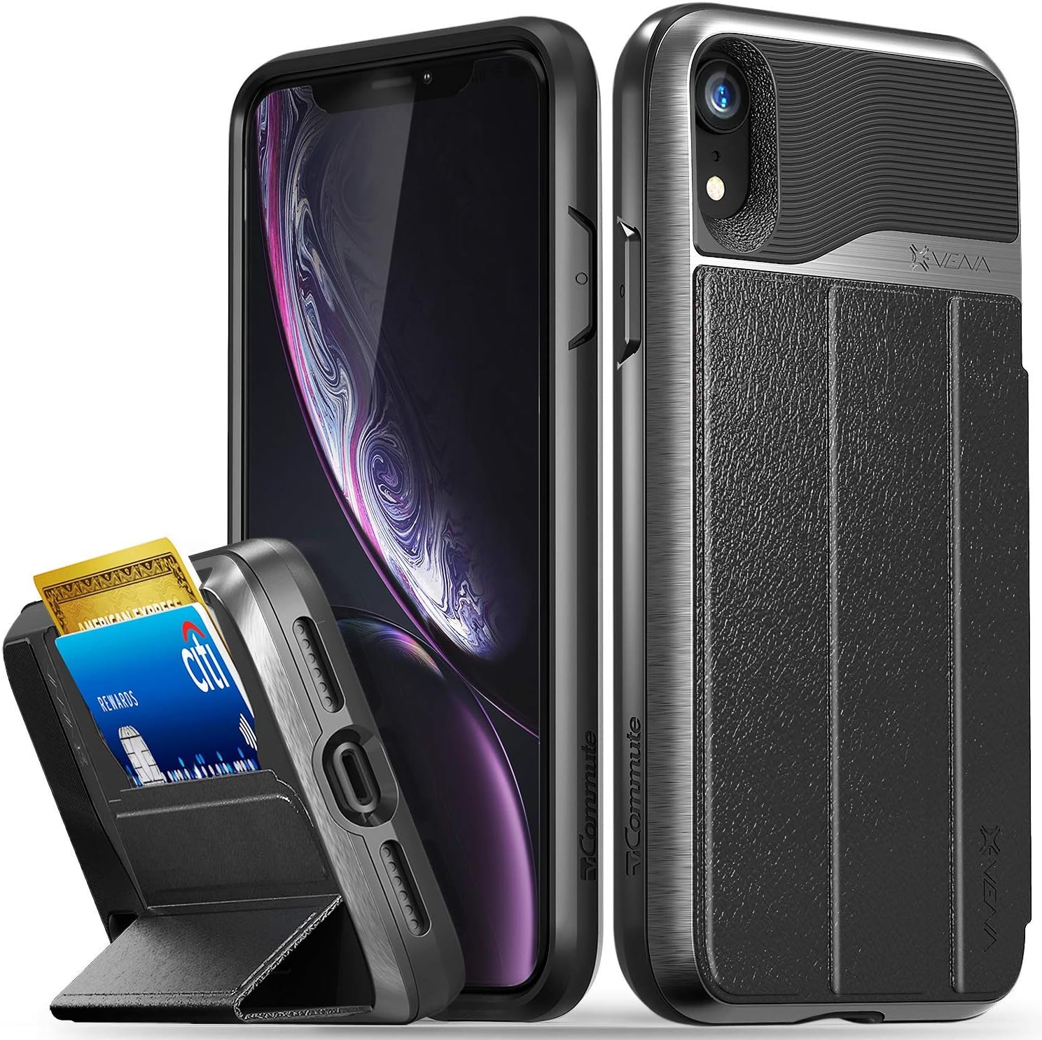 VENA iPhone XR Wallet Case, vCommute (Military Grade Drop Protection) Flip Leather Cover Card Slot Holder with Kickstand, Designed for Apple iPhone XR (6.1-inch) - Space Gray