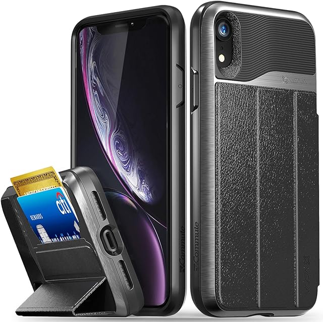 Vena iPhone XR Wallet Case, vCommute (Military Grade Drop Protection) Flip Leather Cover Card Slot Holder with Kickstand, Designed for Apple iPhone XR (6.1-inch) - Space Gray