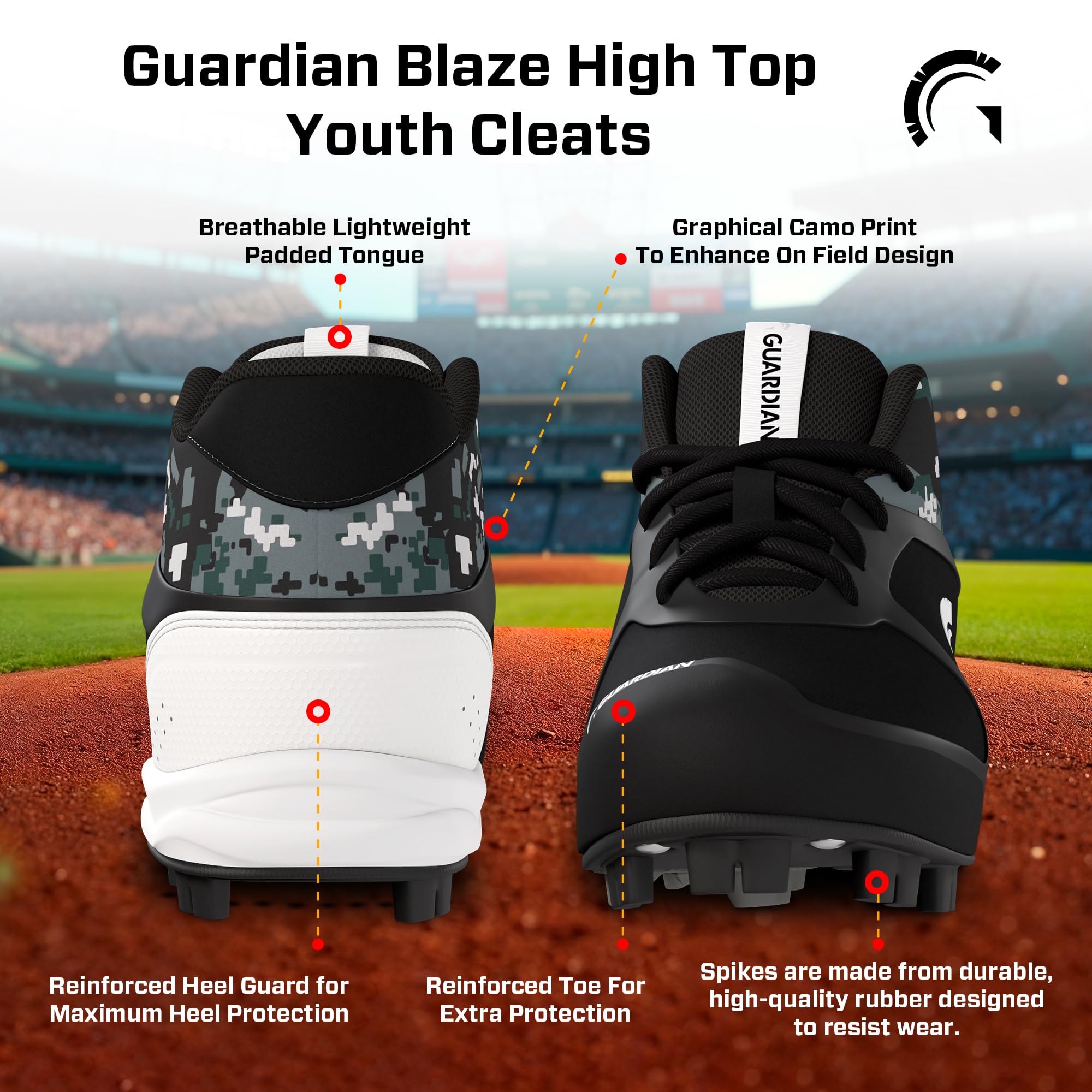 Guardian Baseball and Softball High Top Cleats for Youth Boys and Girls - Black/Grey/White, Size 1