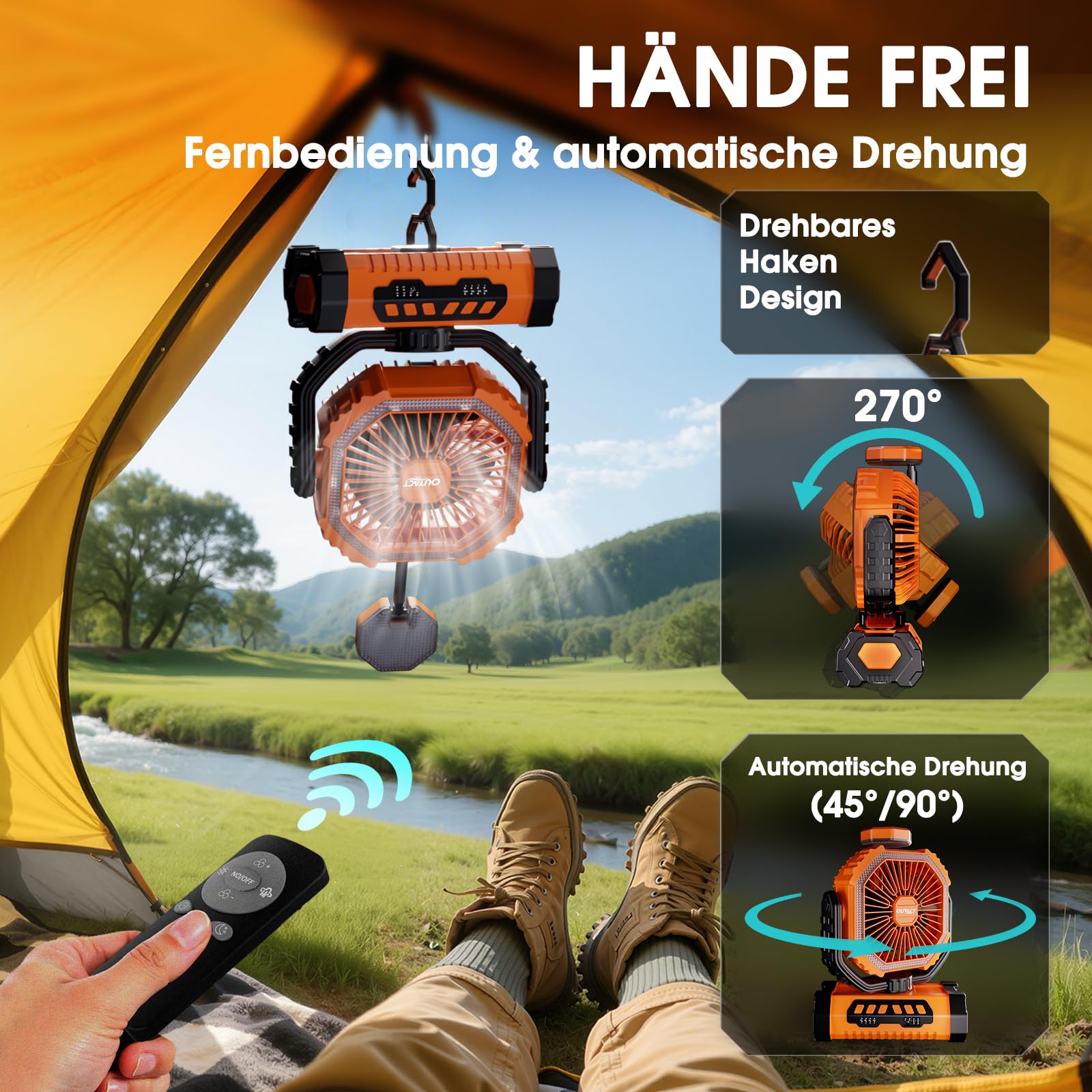 Camping Ventilator 20000mAh, Wiederaufladbarer Tischventilator USB Ventilator mit LED Licht & Haken, 270° Drehung mit Fernbedienung, Camping Fan für Indoor, Outdoor, Zelt, Grillen, Strand - Orange