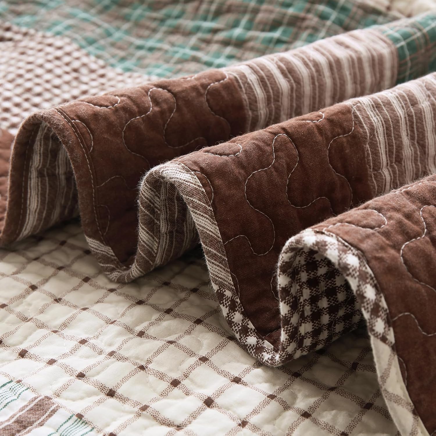 EWlinens 100% Cotton Quilts King Size - Patchwork Plaid King Quilt Bedding Set, Farmhouse Bedspreads Coverlet Set Lightweight Comforter, Bed Spread for King Bed, 3pcs, Rust Brown/Sage Green/Beige