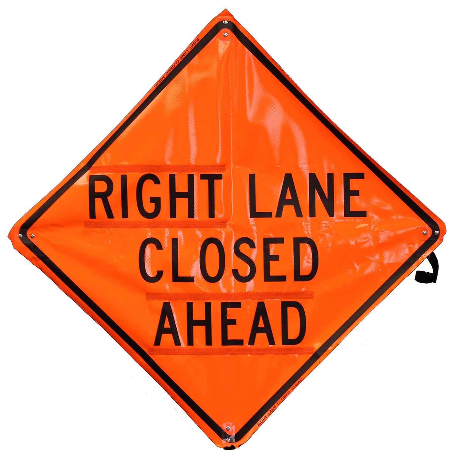 48" Non Reflective Fluorescent Vinyl Orange Roll-Up Traffic Warning Sign. Legend: (Right Lane Closed Ahead)
