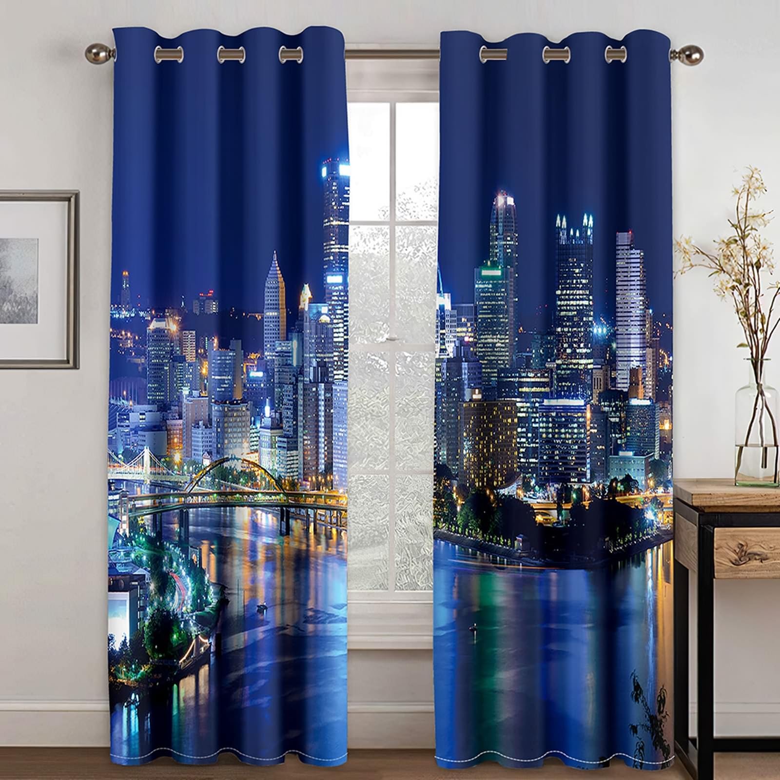 Zasłony nieprzejrzyste, do sypialni, zasłony termiczne, ciemnoniebieskie, nowoczesne, z widokiem na miasto, zestaw 2 sztuk, wys. 138 x szer. 96 cm, zasłony zaciemniające, przelotki