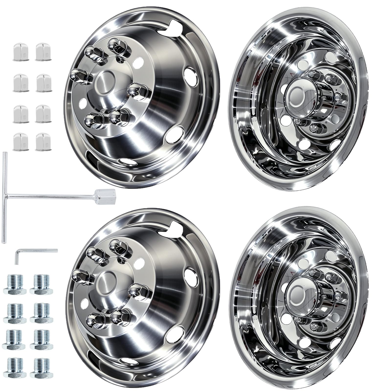 hightall 16 Wheel Simulators, 16" 8 Lug 8 Vent Holes,Stainless Steel RV Hubcaps,Polished Surface,2Pcs Front Wheel/2Pcs Rear Wheel,Bolts On Wheel Cover Compatible with Ford 1992-2007 E-350/E450 Dually