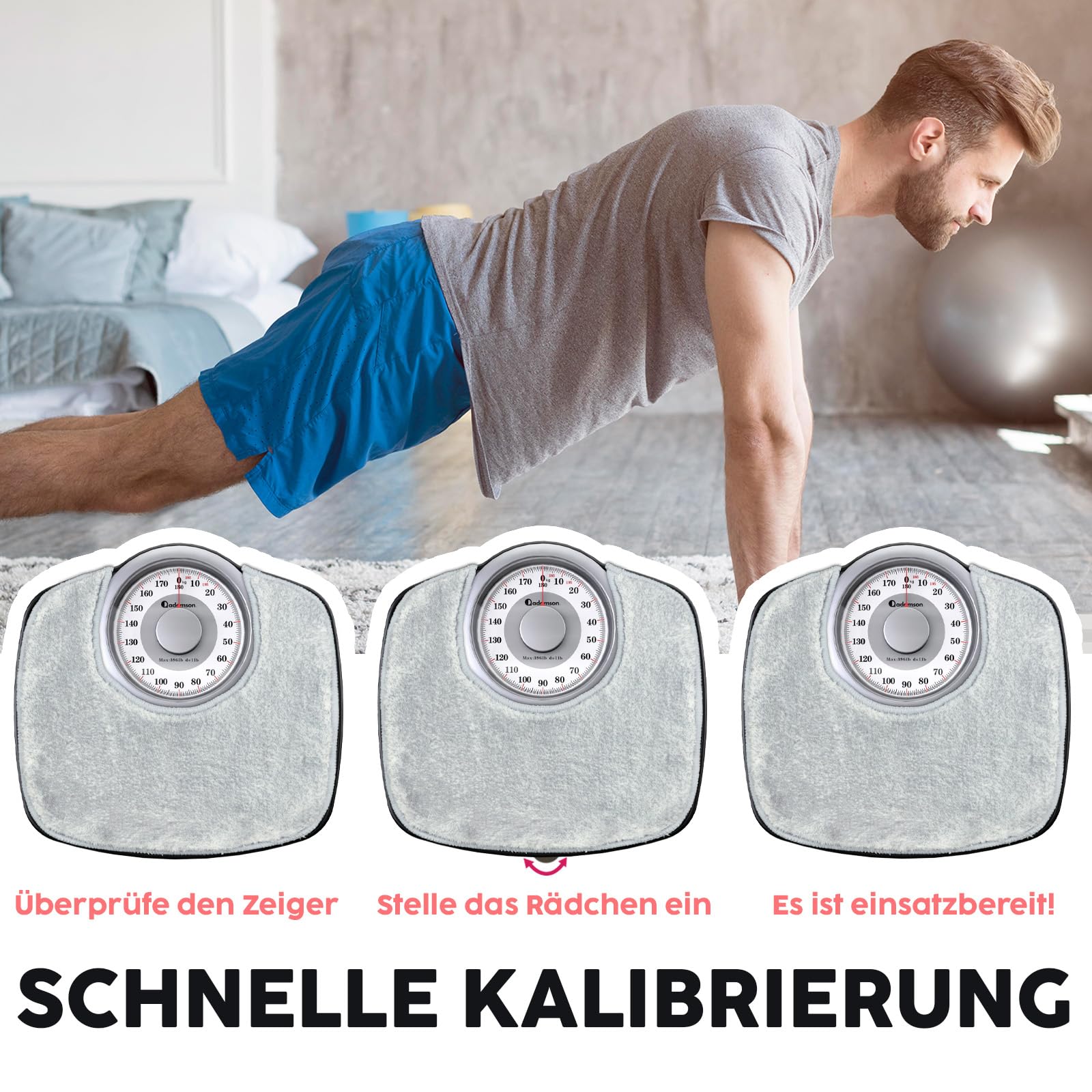 Adamson A25 Analogwaage - NEU - bis 180kg, rutschfeste Gummioberfläche, extra große Ziffern, hochpräzise Personenwaage Analog, langlebig, 20-Jahre Support für Haushalt, Schlafzimmer, Bad - Grey Rug