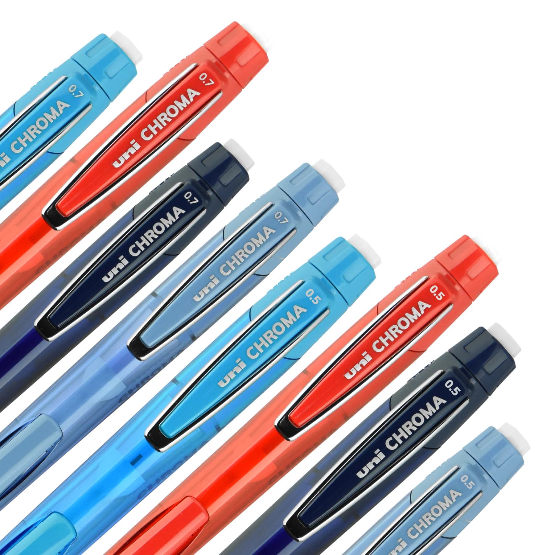 Uniball Chroma nachfüllbare Druckbleistifte mit Radiergummi, konturierter gepolsterter Griff, automatische Vorschubmine, roter Schaft, 6 Stück