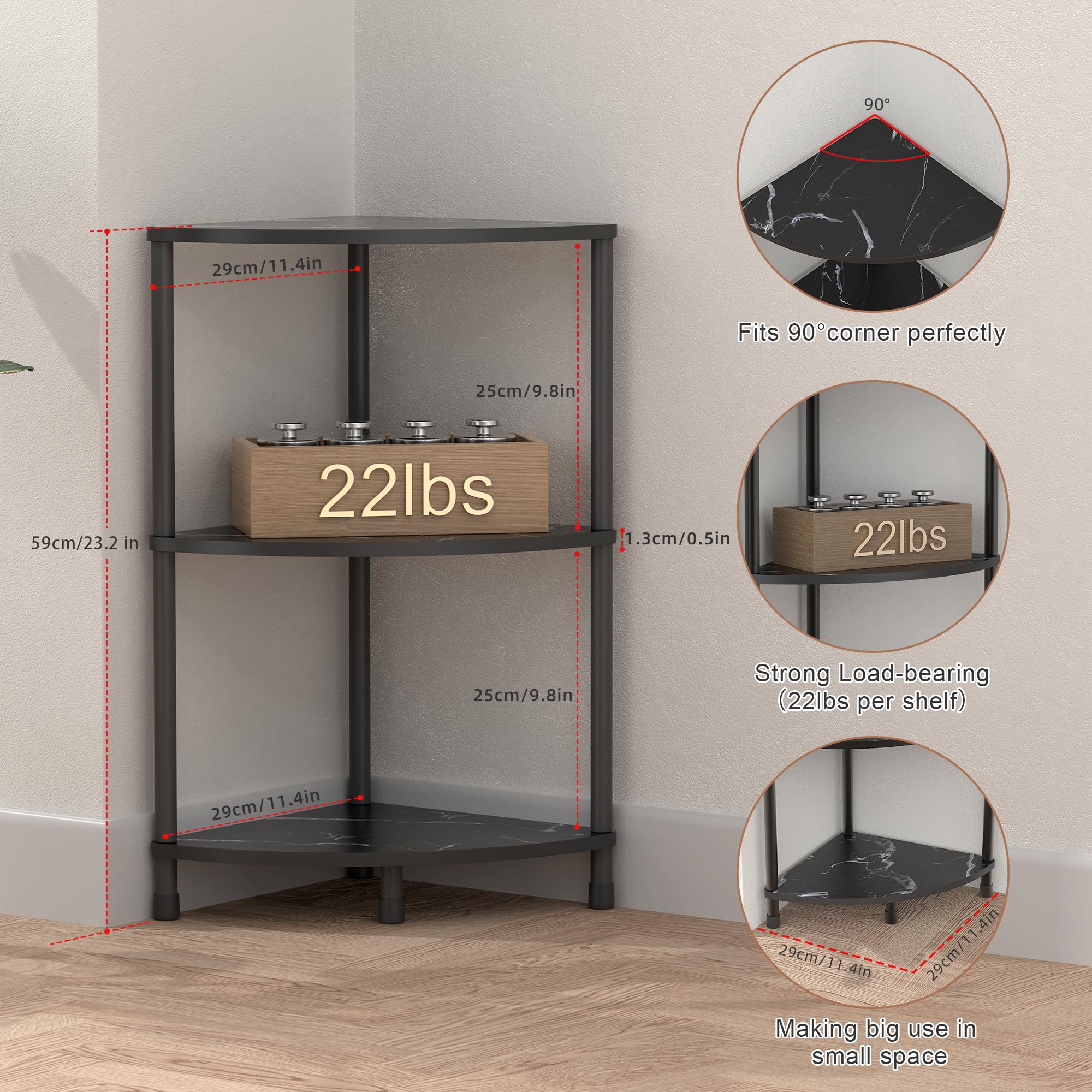 Amazon｜3段コーナー Sehlf マーブル ブラック｜オープン