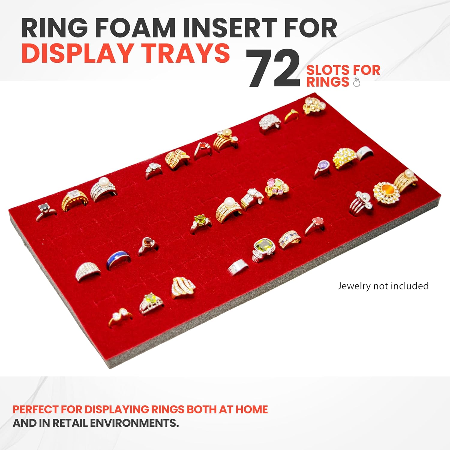 Novel Box Red Ring Display 72-Slots Foam 14.25x7.62x0.62 Inches - Ring Storage Foam to Hold Small & Large Rings/Cufflink - Fits in Glass Top Box for Better Display - Image 3