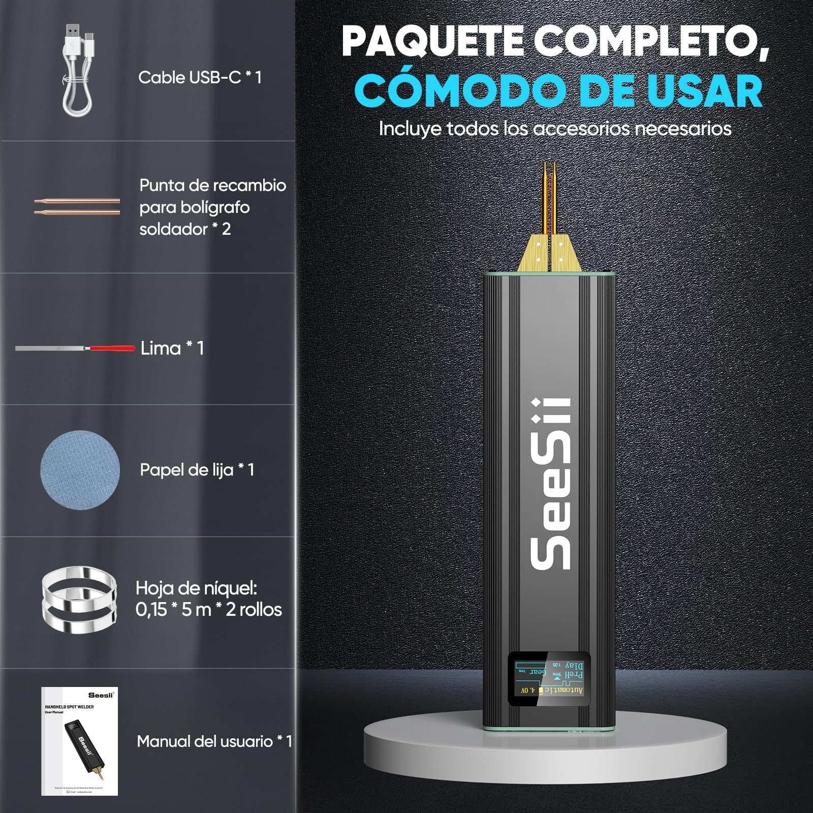 SEESII Mini Soldador por Puntos - SE-209 Soldador de Puntocon con Batería 5,0 Ah 1-80 Niveles para 0,1-0,2 mm Hojas de Níquel, Hierro, Acero Inoxidable, Modo Automático y Manual