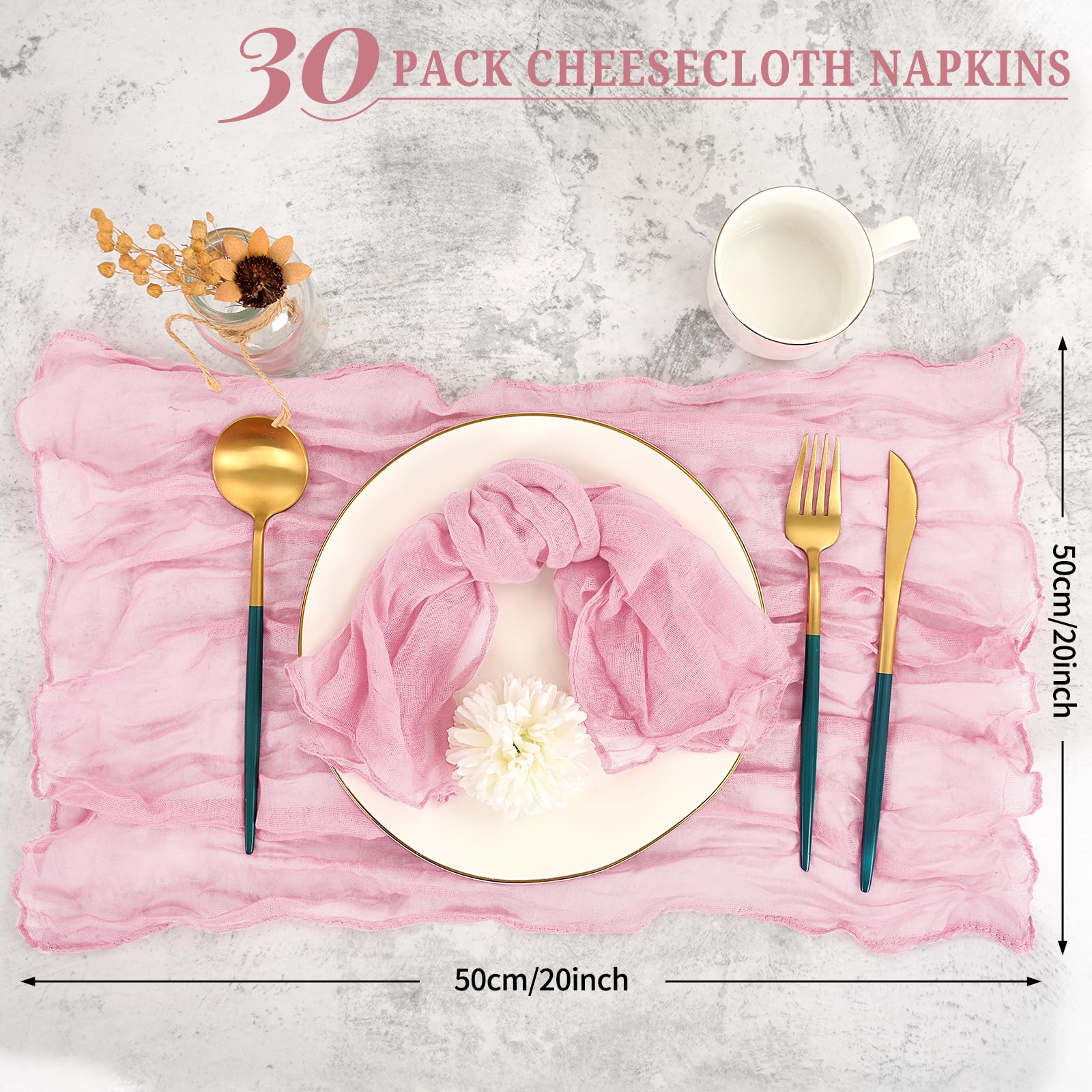 Set van 30 mousseline servetten, 50 cm, gaas, kaasdoek, vintage, boho, stoffen servetten, bulk voor feesten, bruiloften, recepties, bruidsdouches, tafeldecoraties - roze