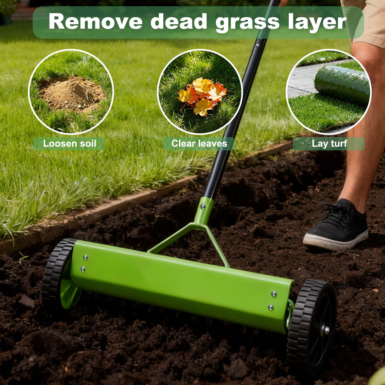 Rastrillo Escarificador de Césped Resistente, Multifuncional Rastrillo para Césped con Ruedas para Eliminar Residuos y Mantener el Jardín