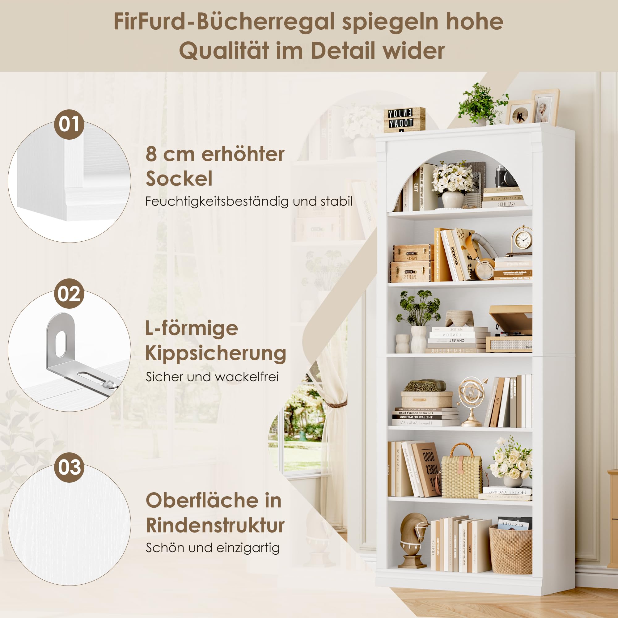 FirFurd Biblioteka 186 cm 6 półek Biblioteka Meble do Przechowywania w Kształcie Łuku Otwarty Regał do Przechowywania do Salonu, Biura, Sypialni 75x28x186cm Biały