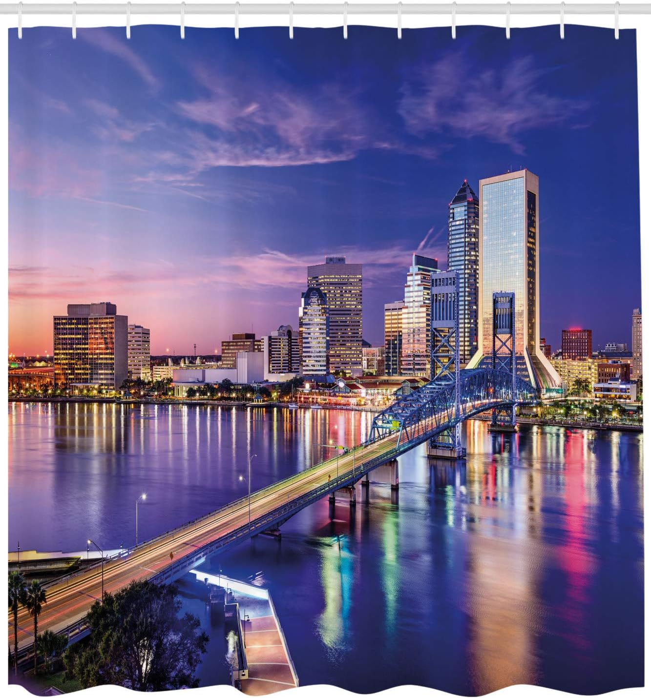 Ambesonne United States Shower Curtain, Jacksonville Florida Skyline Vibrant Night St. Johns River Scenic, Cloth Fabric Bathroom Decor Set with Hooks, 69" W x 70" L, Royal Blue Pale Pink