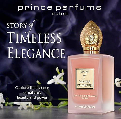 Miniatura 2 de Prince Parfums Dubai - Story of Vanille Pachuli para mujer - 3.4 onzas - Extrait de Parfum - Atractiva fusión floral de vainilla, pachulí y haba