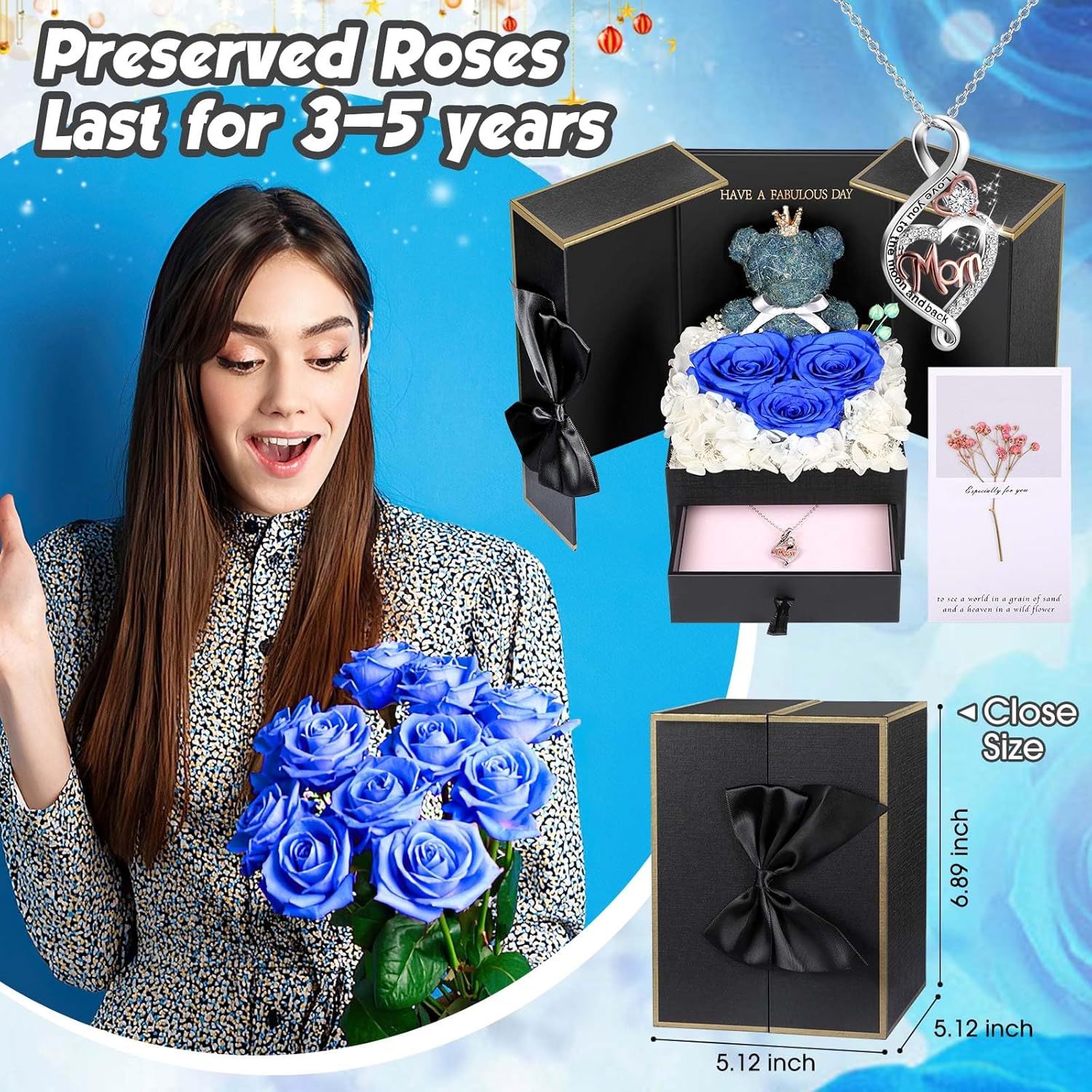ADDWel Ultimate Mom Gift Bundle: Preserved Real Roses with 925 Sterling Silver Necklace & I Love You Mom Keychain - Unique Birthday, Mother's Day from Daughter Son