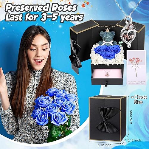 Miniatura 50 de ADDWel Rose Gifts for Women - Preserved Real Roses Forever Purple Flowers with I Love You in 100 Languages Necklace and Cute Moss Bear for