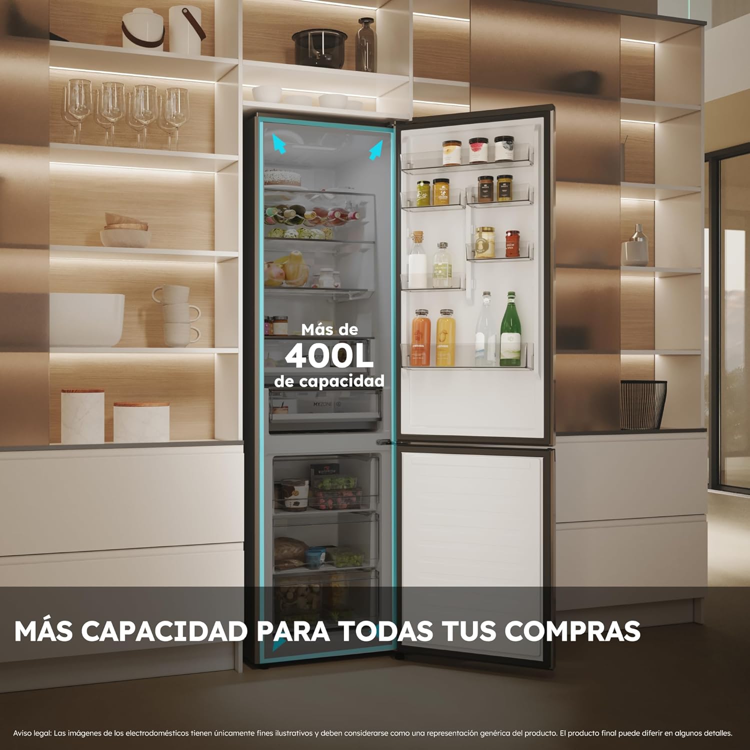 داخلی view of the Haier refrigerator showing shelves, drawers, and bottle rack