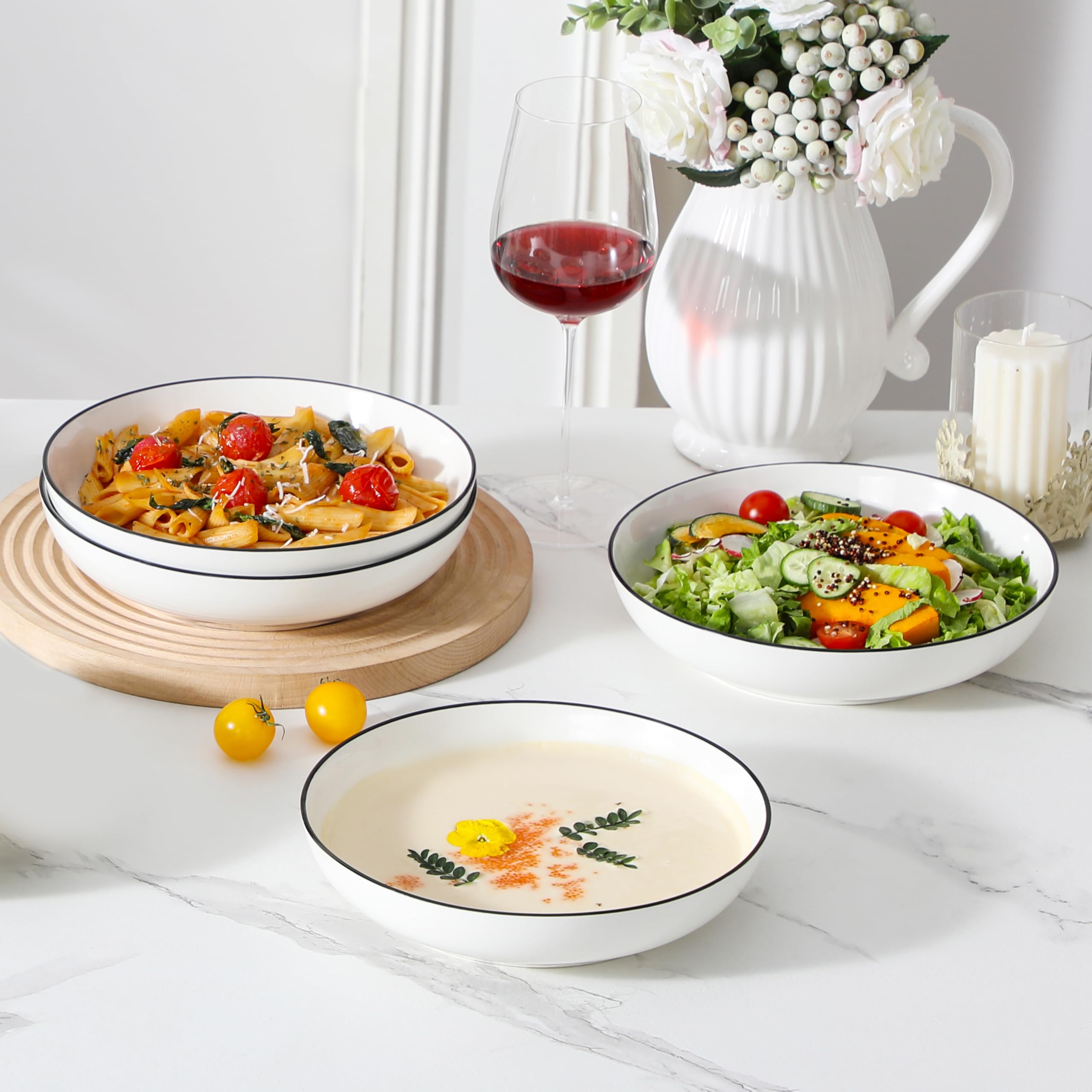 MALACASA Série REGULAR 1250ml Assiettes à Pâtes en Porcelaine, Assiettes Creuses, Service de Bols à Salade 4 Pièces, Blanc avec Bord Noir