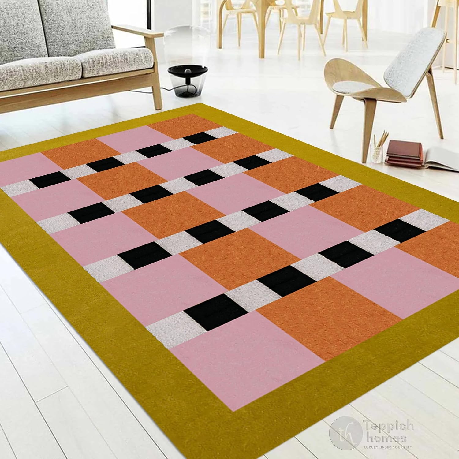 Hand Tufted Wool Area Rug 7x10 8x10 9x12 Modern Geometric Pink & Terracotta, Premium Handmade Rug for Living Room & Bedroom