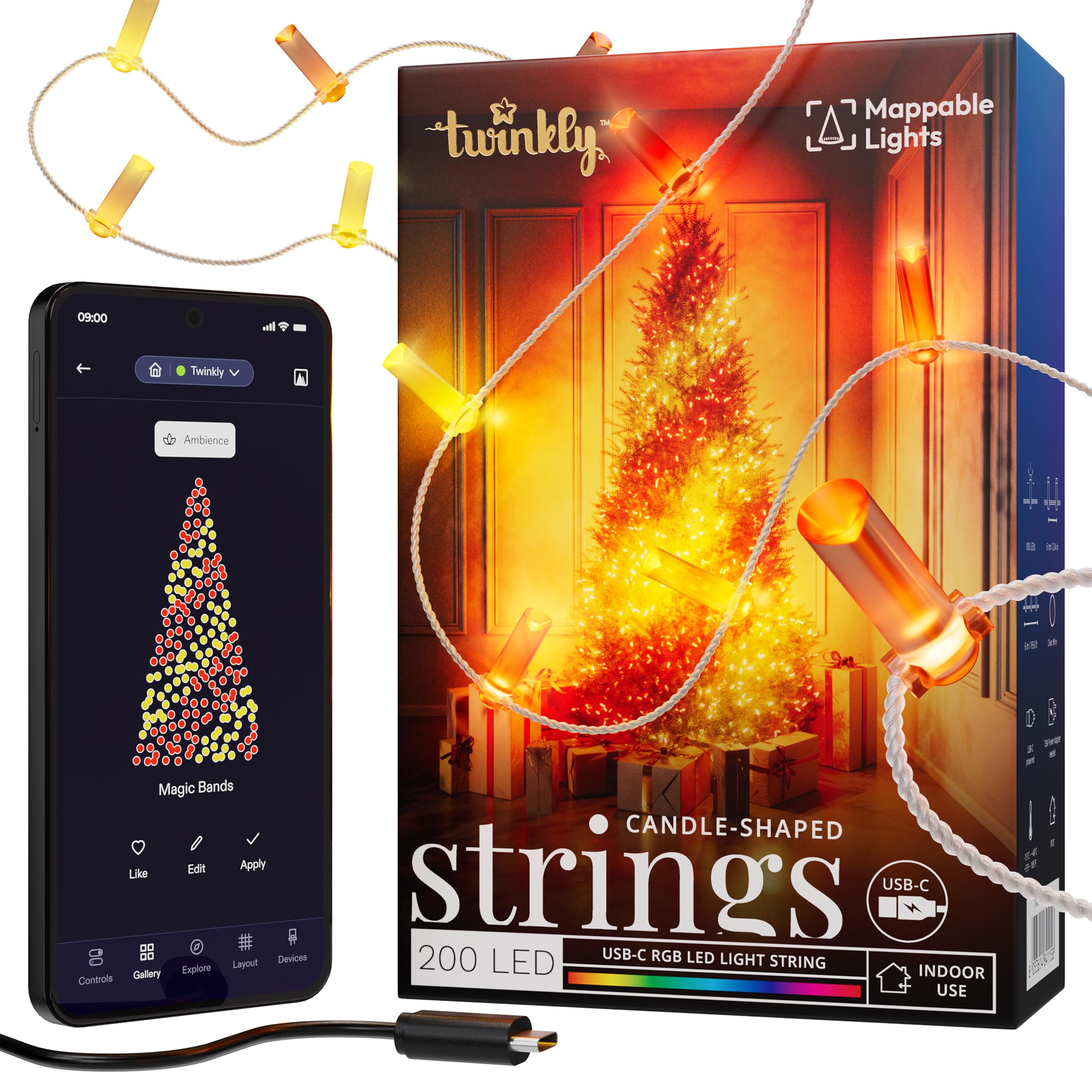 Twinkly Strings USB-C Candle 200 LED, Candle-shaped LED Light String, Christmas Lights, RGB Multicolor LED Lights, Mappable LEDs, Compatible with Alexa, Google Home, USB-C Power, Transparent Wire, 12m — image 1