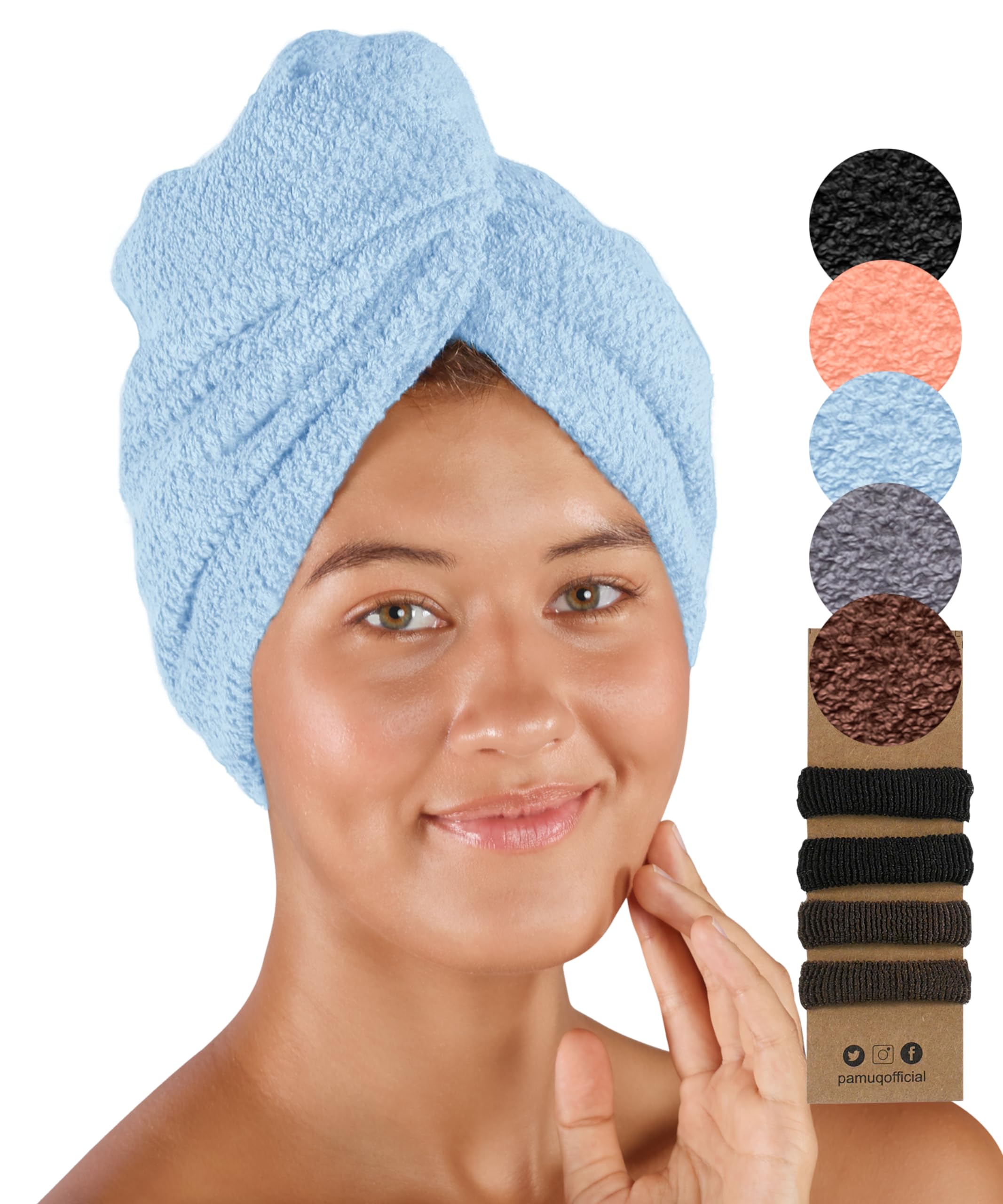Haarturban aus 100% Baumwolle (Hellblau) – 2er Set Haarhandtücher mit Knopf, schnelltrocknendes Haartrockentuch für nasse & Lange Haare, weiches Turban Handtuch Damen