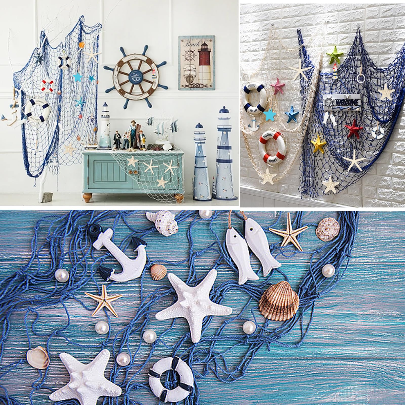 Red de Pesca con Conchas 2M*1.5M Decoración Pared Azul Fiestas Náuticas