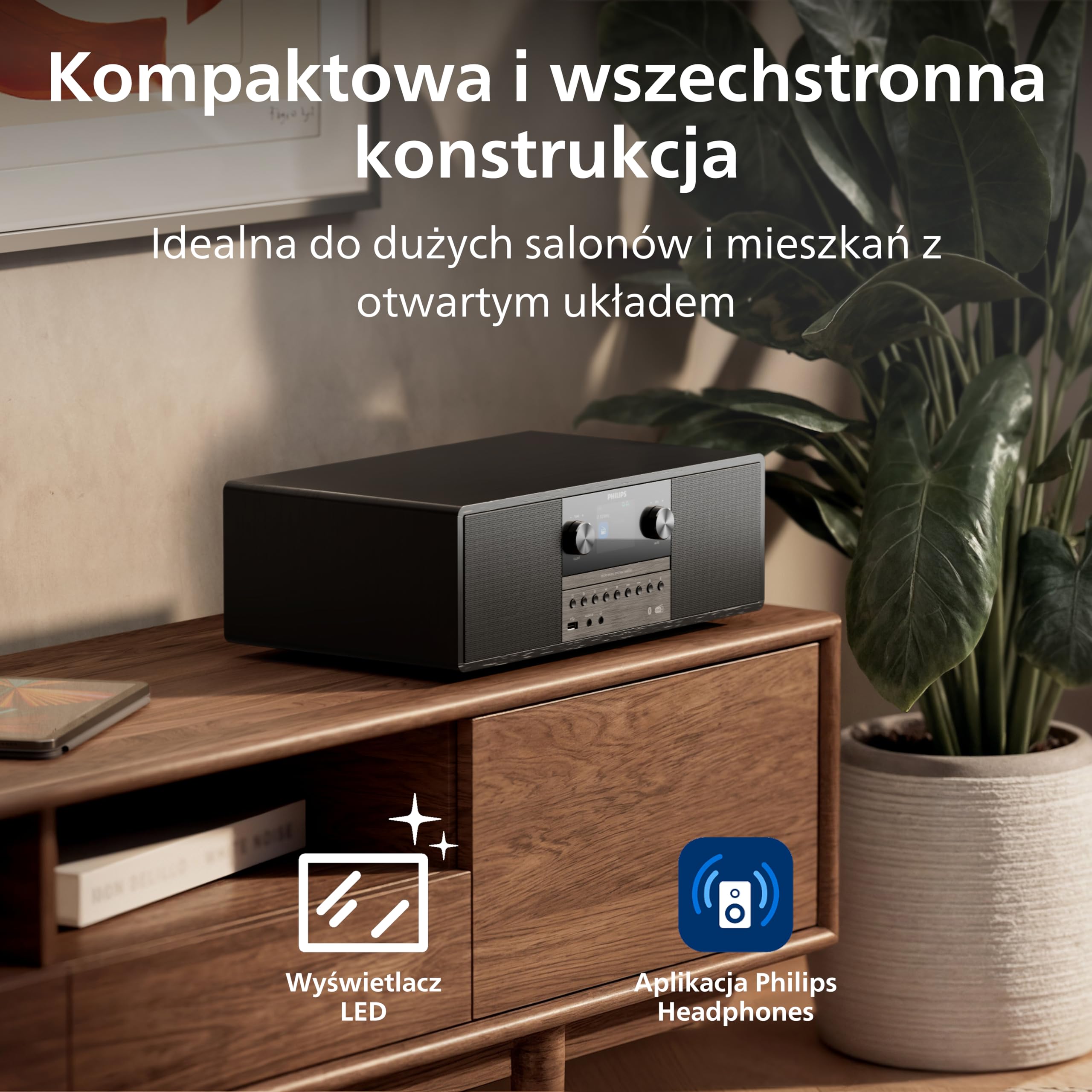 Philips TAM6500/10 Mikrowieża 100 W, Bluetooth 6.0, Auracast, radio DAB+/FM, CD/USB/wejście audio, głośniki Bass‑Reflex, kolorowy wyświetlacz, pilot, plastik pochodzący z recyklingu – czarny