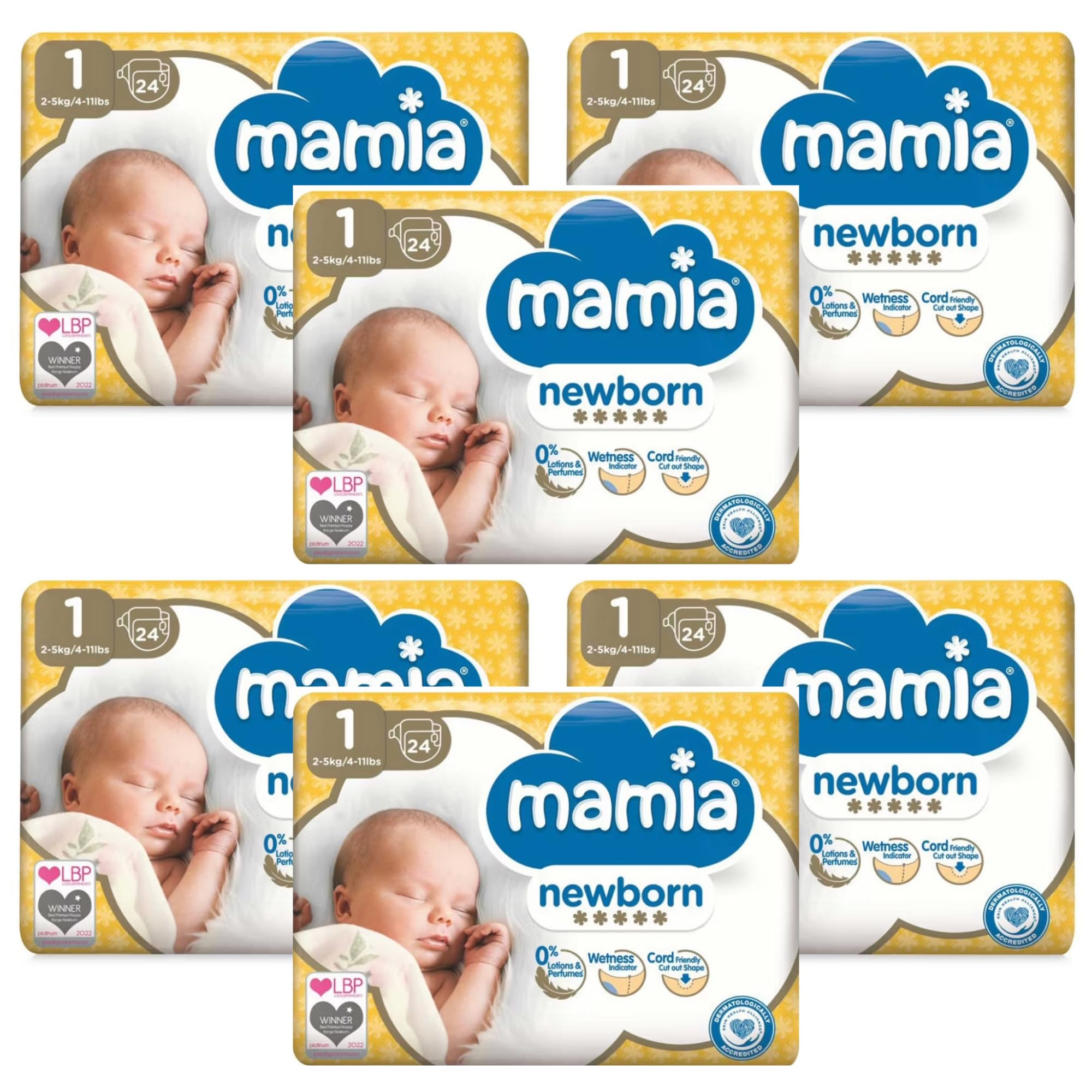 Mamia Newborn Nappies, Size 1(6 x Pack of 24)
