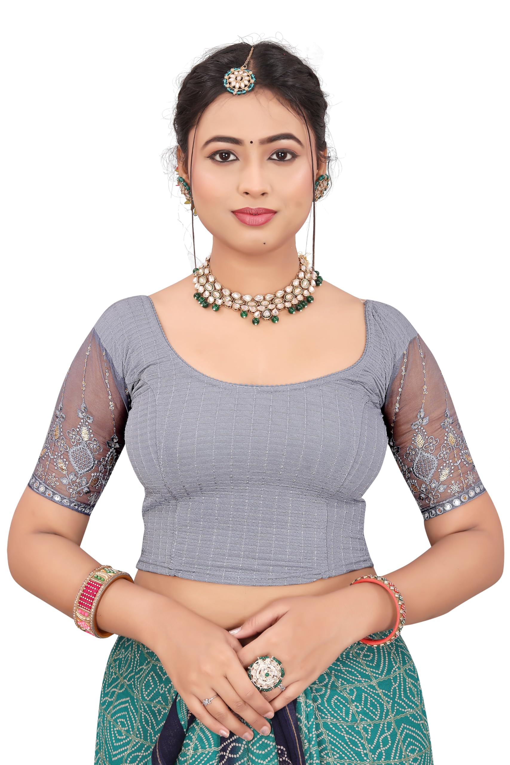 Women's Cotton Blouse | Readymade Saree Blouse with Stretchable Fabric | Round Neck, Pull-On Style | Block Printed Design, Half Sleeves | Traditional Ethnic Wear-image-44