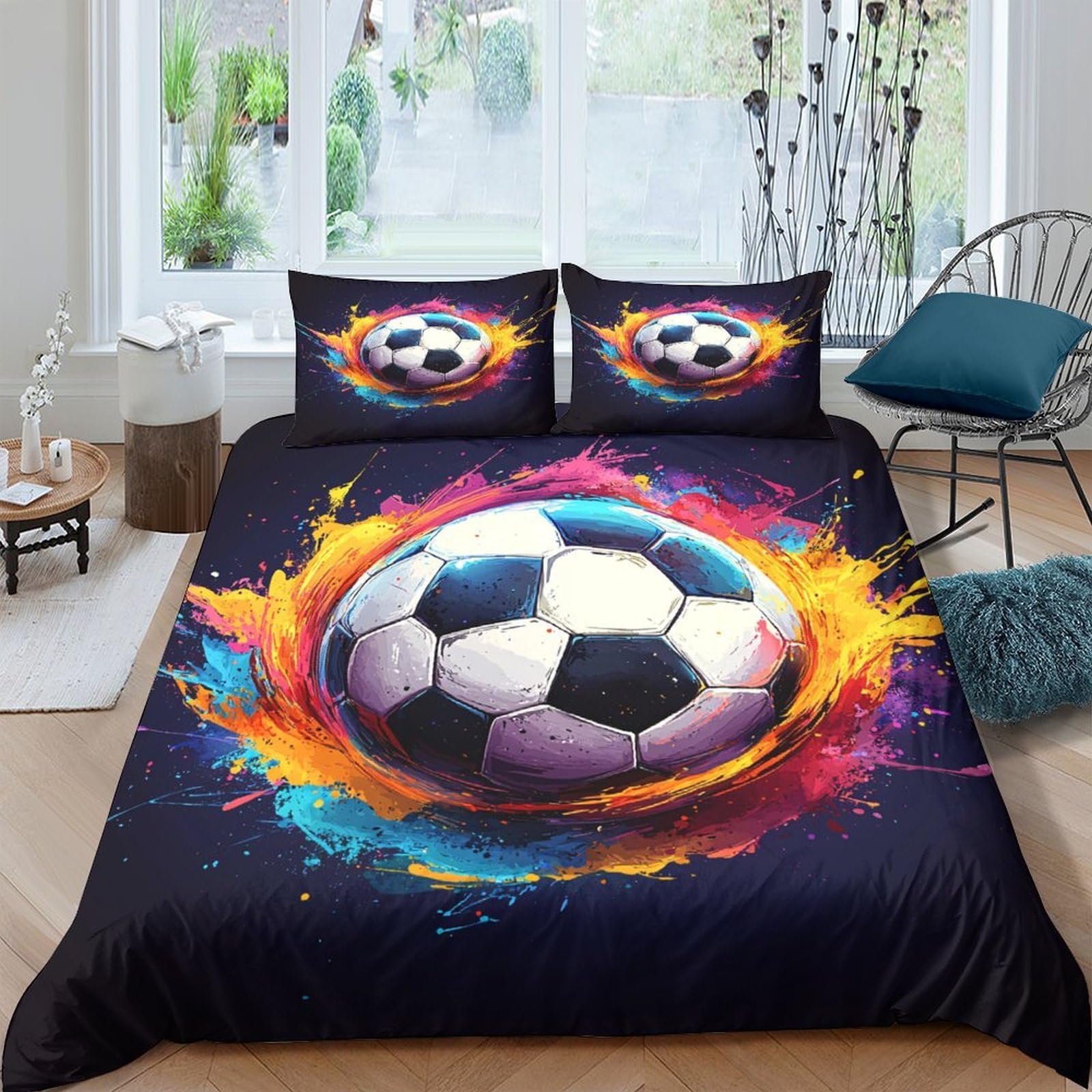 Ctjqhvkz Style-7 3D Printed Fire Soccer Fitted Sheet Microfiber Soft Breathable Splash Ball Mattress Cover For Bedroom Dorm Decor Single（135X200cm）