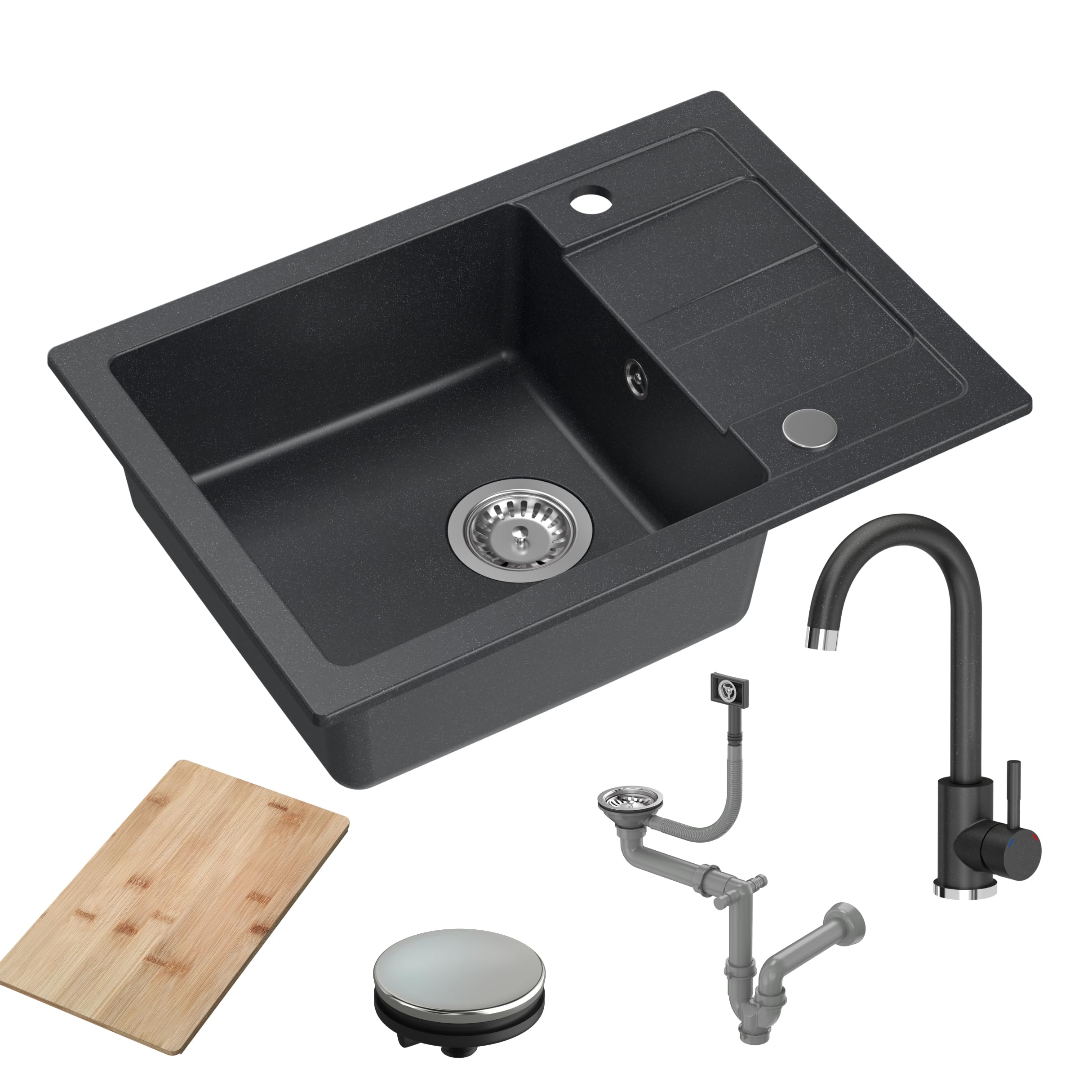 QUADRON Spülbecken Spüle Küche Granit | Größe 62 x 44 x 17,5 cm Schwarz | GO SMART Granitspüle Einzelbecken-Spüle | Einbauspüle mit Küchenarmatur | Einbeckenspüle Küchenspüle