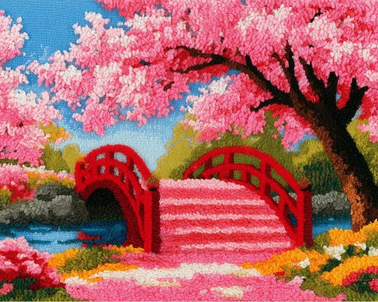 Wallphantom DIY Latch Hook Rug Kit Handmade Carpet,Cherry Blossom Trees on the Arched Bridge