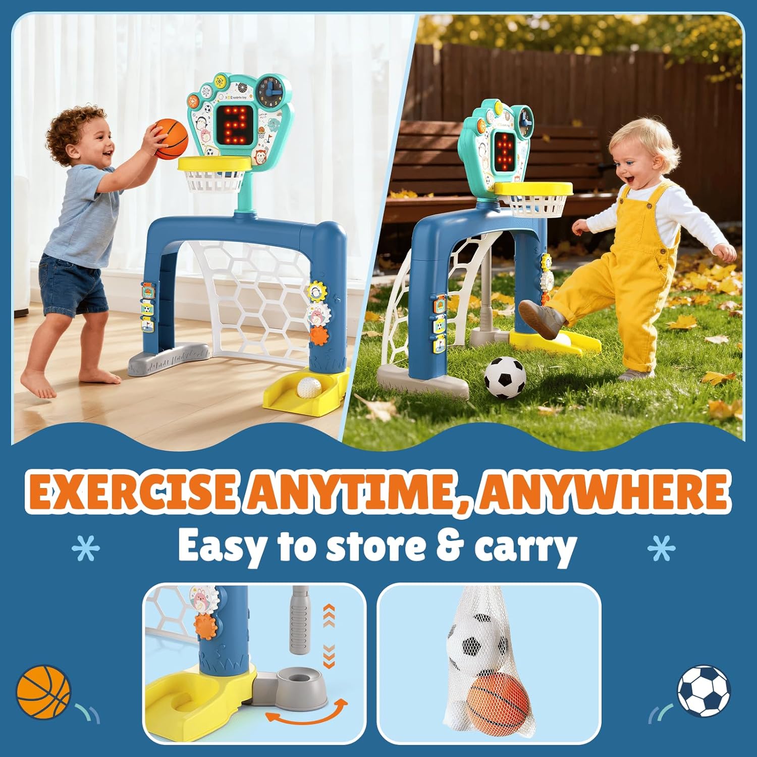 Toddler Sports Toys, 3-in-1 Toddler Basketball Hoop Soccer Golf Activity Center, Basketball Hoop for Kids 1-3,1 2 3 Year Old Boys Girls Toy, Montessori Toys for Toddlers & Baby