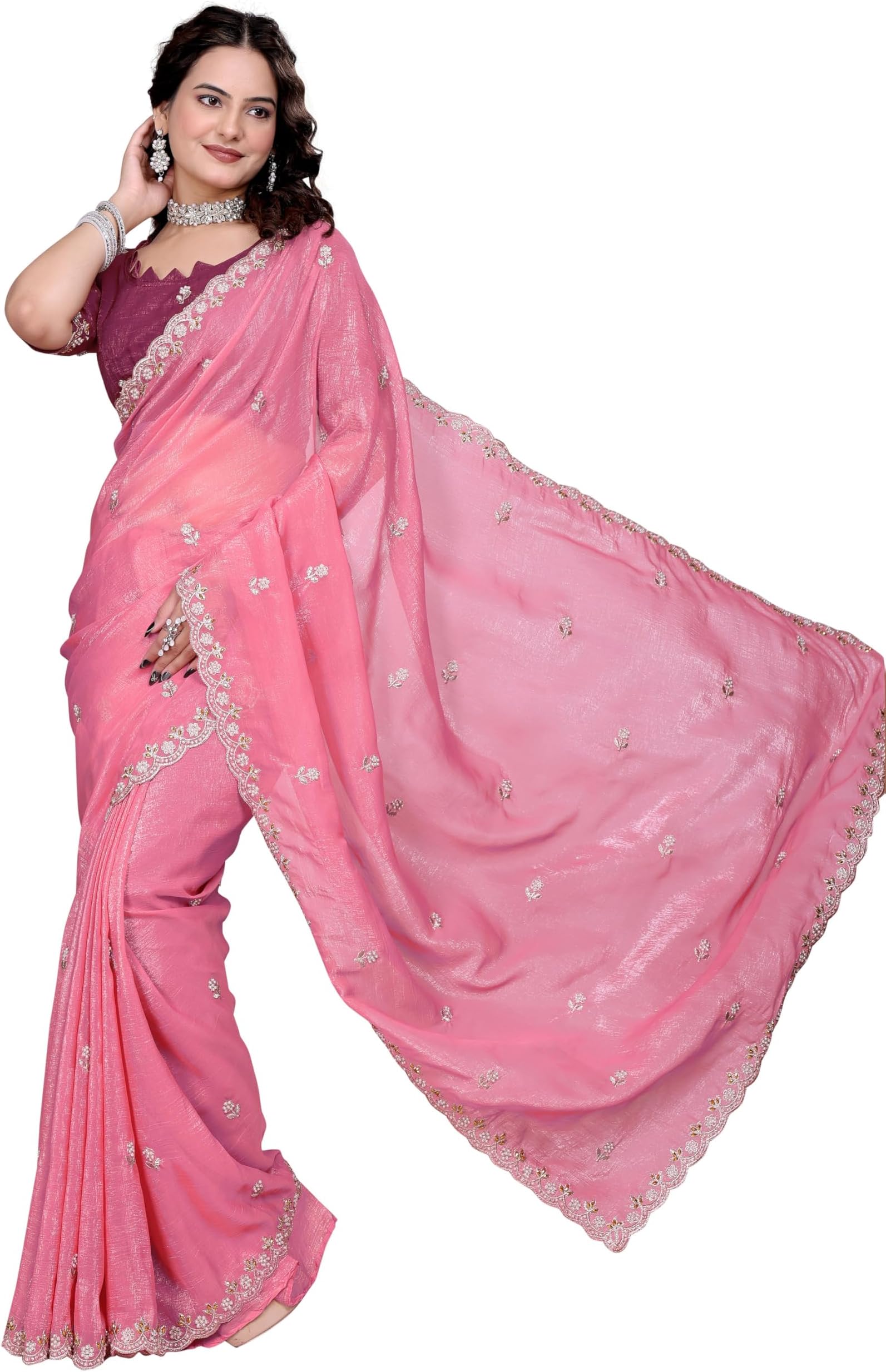 Women’s Embroidered fandy chiffon silk saree with Beads, Stone and moti work | cut work lace border, Pink, FREE
