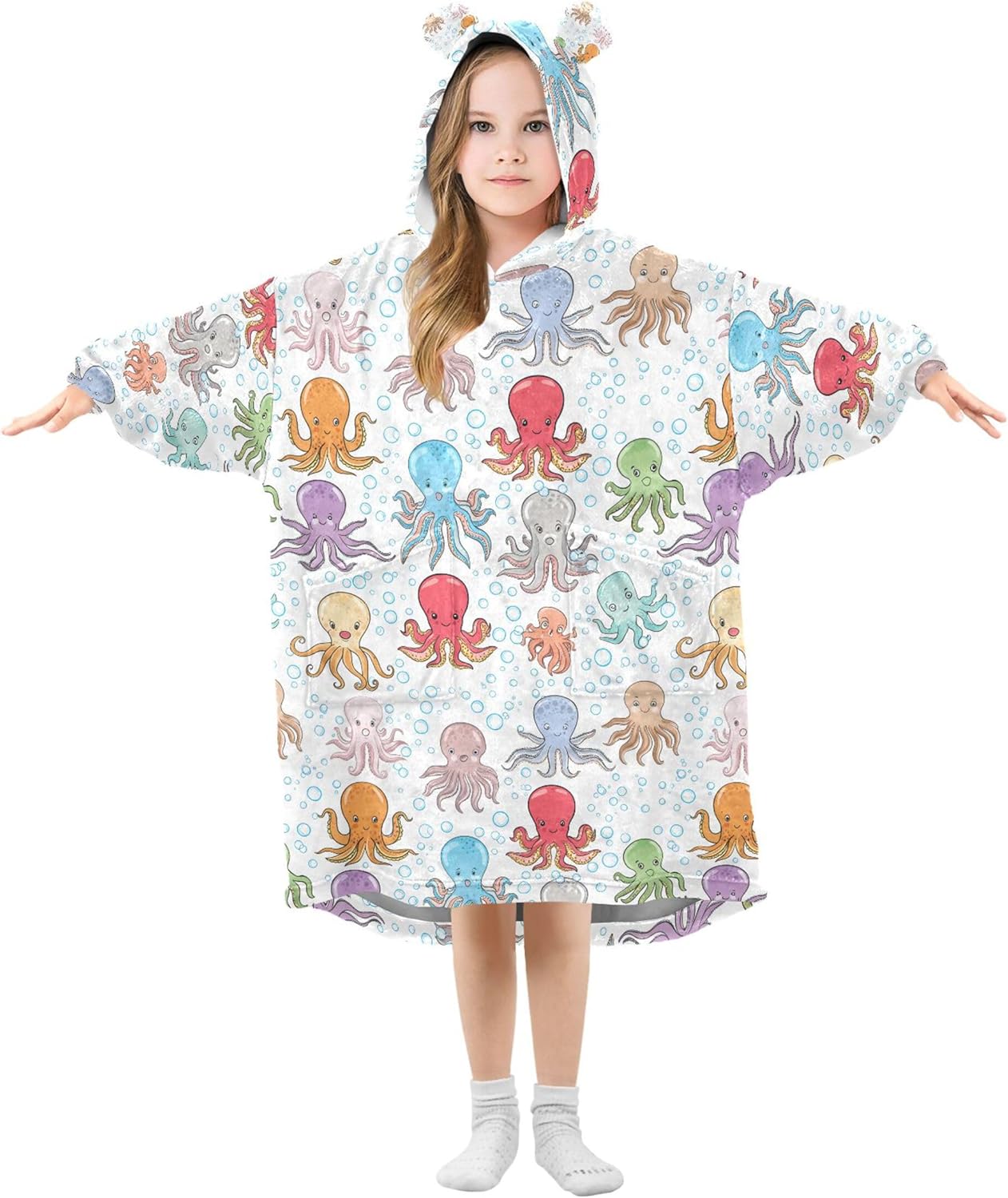 Cute Octopuse Kids Wearable Blanket Hoodie with Pocket and Sleeves for Toddlers, Cute Hoodies Girls Boys B0404161