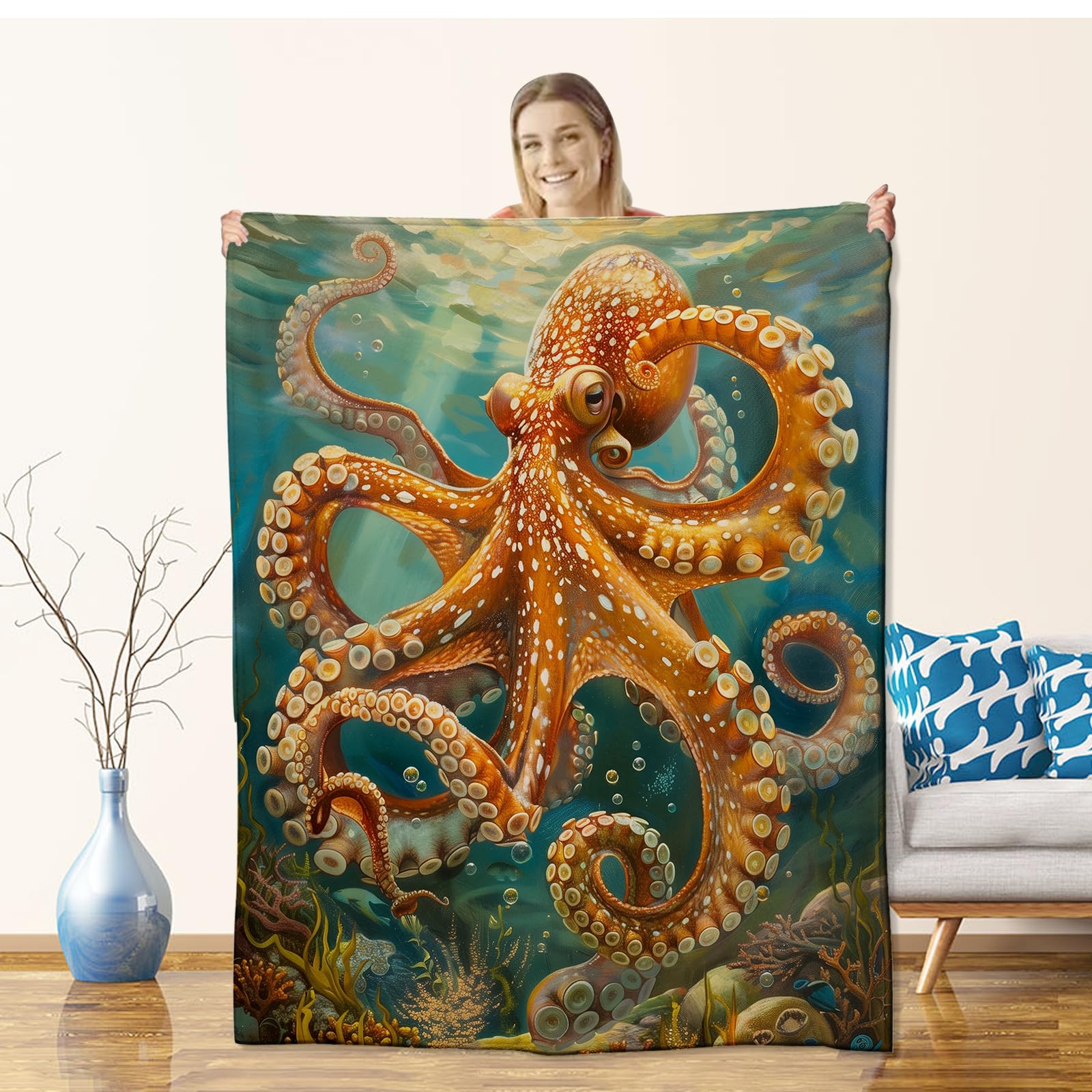 Cromcu Oktopus-Flanelldecke – Weich, Warm, Für Sofa & Bett (ca. 203 X 254 Cm), Nautisches Design