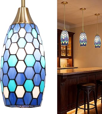 Blue Tiffany Pendant Light Wide 4.8 Inch Height 7.8 Inch,Chandelier Victorian Tiffany Style Pendant Light Fixtures for Bedroom Dining Living Room