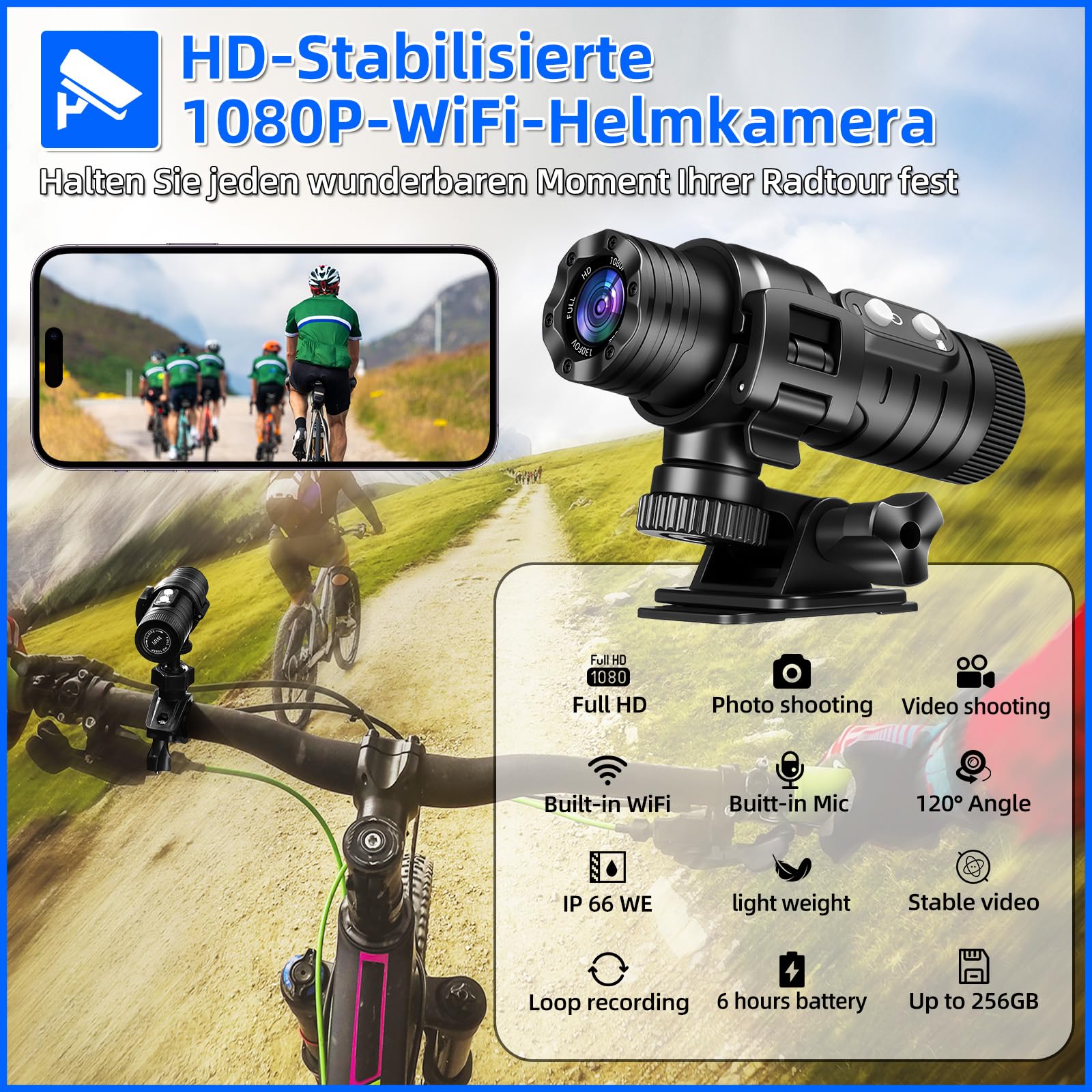 AIKER Dash cam Moto Professionale,Versione Aggiornata WiFi Action Cam IP66 Impermeabile,1080PHD&Angolo Ampio Di 120°Telecamera Moto,Regolazione Automatica Del Livello Dashcam Moto,Facile Da Collegare