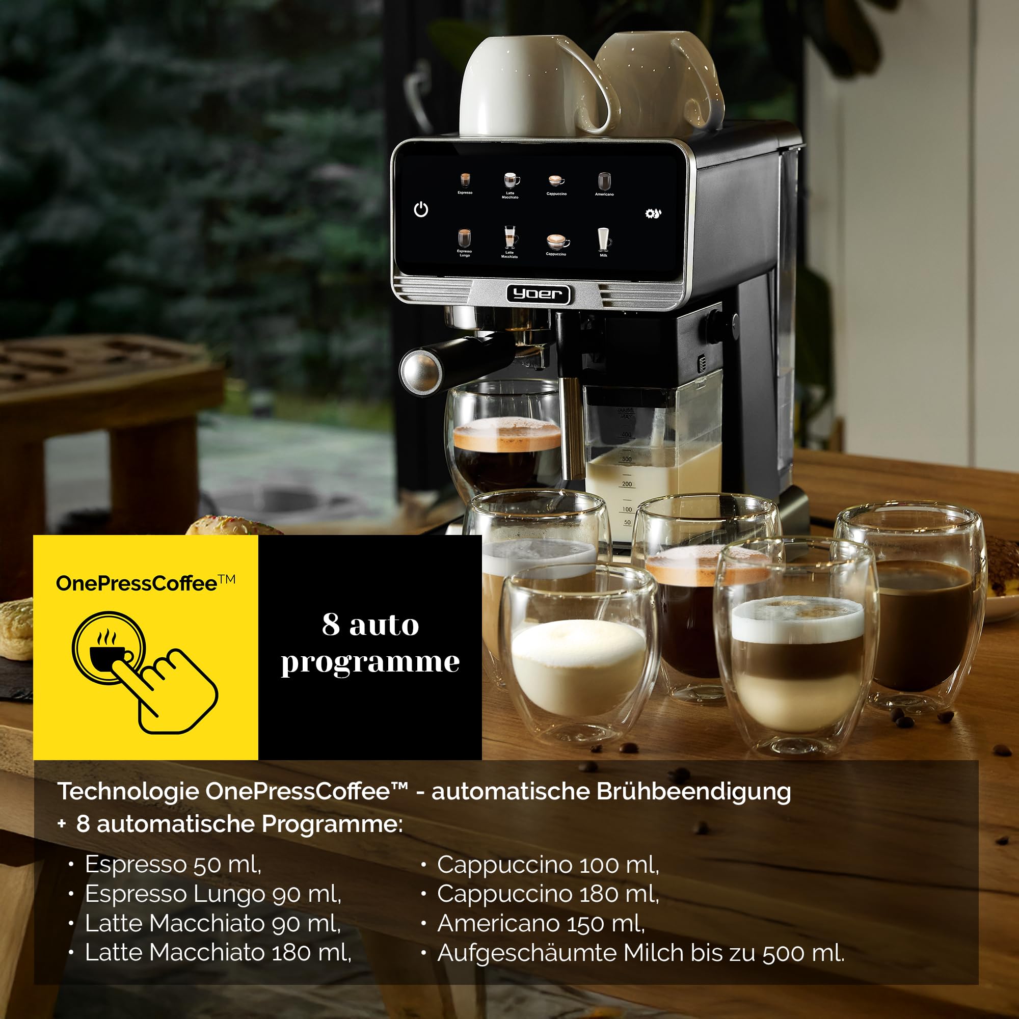 Yoer Kaffeevollautomat mit Milchsystem, Kaffeemaschine, 8 automatische Programme, Touchscreen, 20 bar, 1350W, Milchaufschäumer, Espresso, Cappuccino & Latte, 2-Tassen-Funktion, Creamo EMF03BK, schwarz