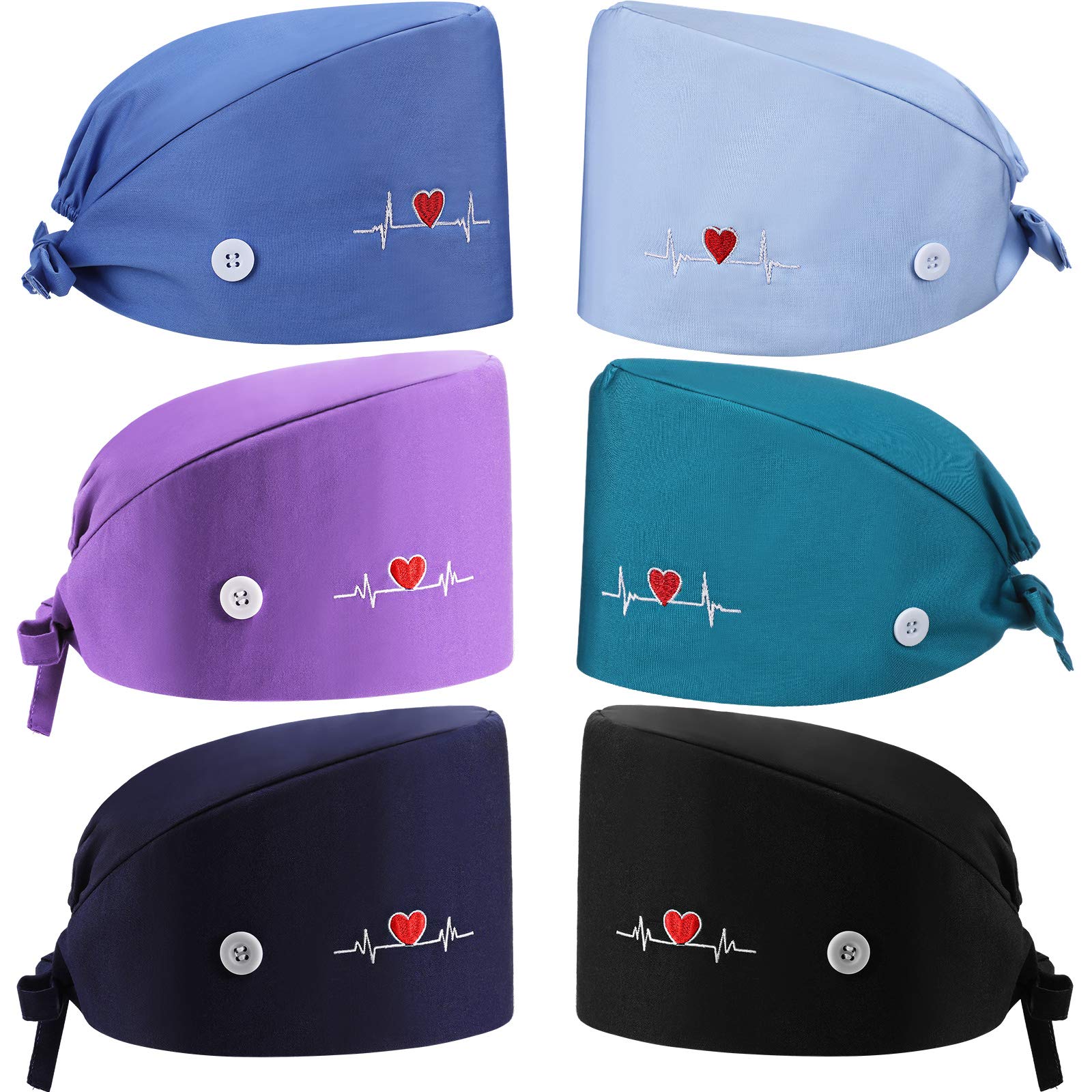 Geyoga6 Pieces Breathable Working Caps Adjustable Bouffant Caps with Buttons Washable Hats Tie Back Hats with Sweatband for Women Men Office Outdoor