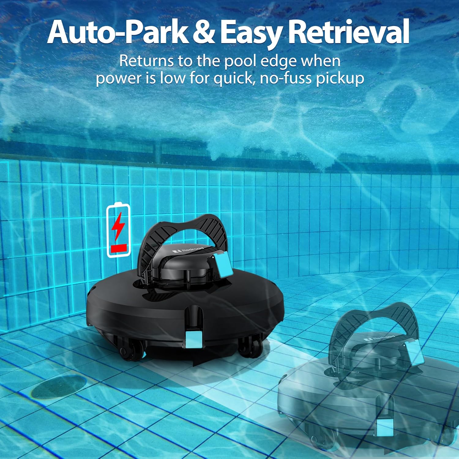 Cordless Robotic Pool Cleaner, Automatic Pool Vacuum Lasts 150Mins, Powerful Suction, Self-Parking, Maximum Climbing Angle 18 Degrees, Lightweight for Above/Inground Pools Up to 1200 Sq.Ft